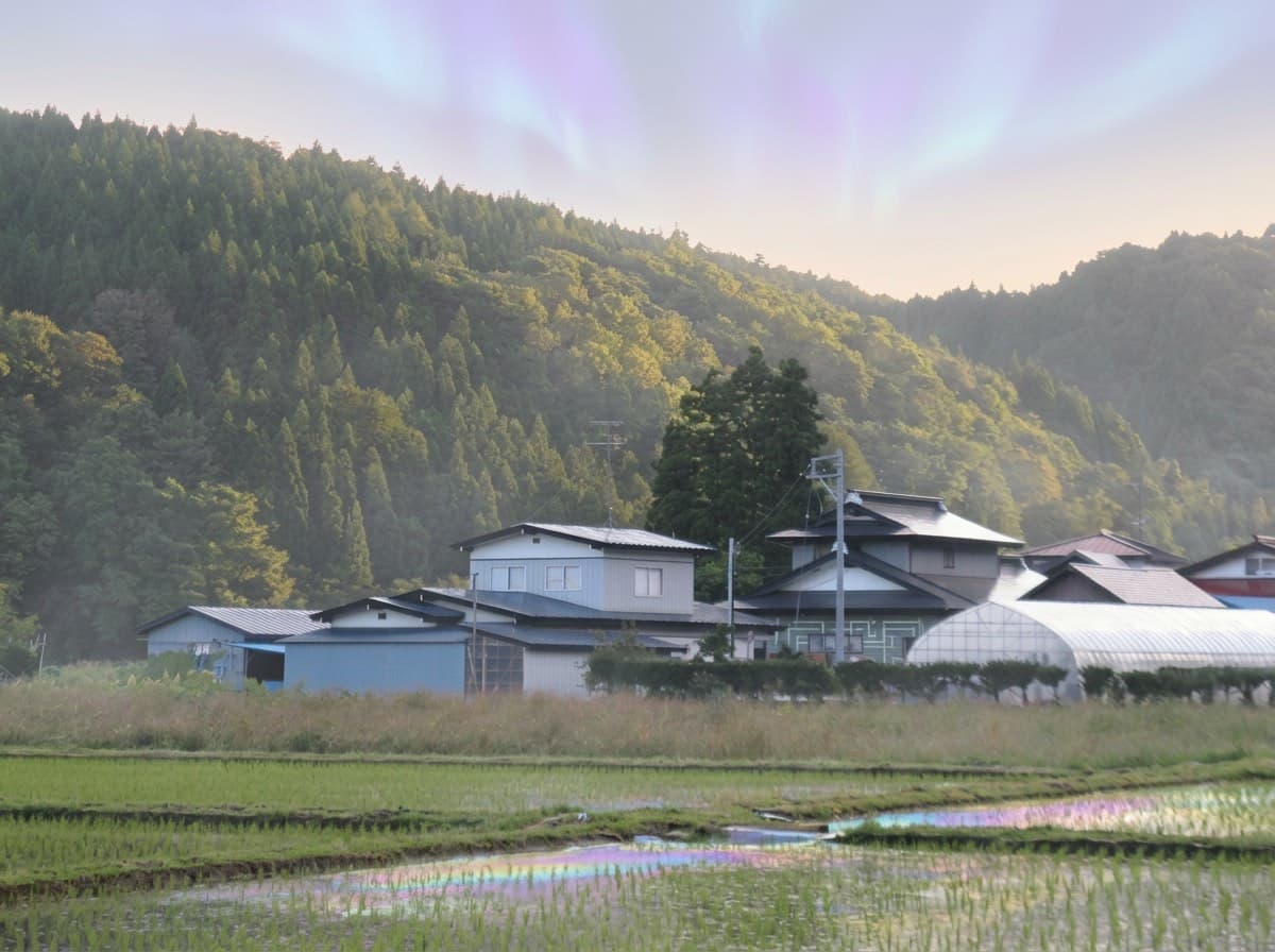 霞んだ光の下に広がる田んぼと丘