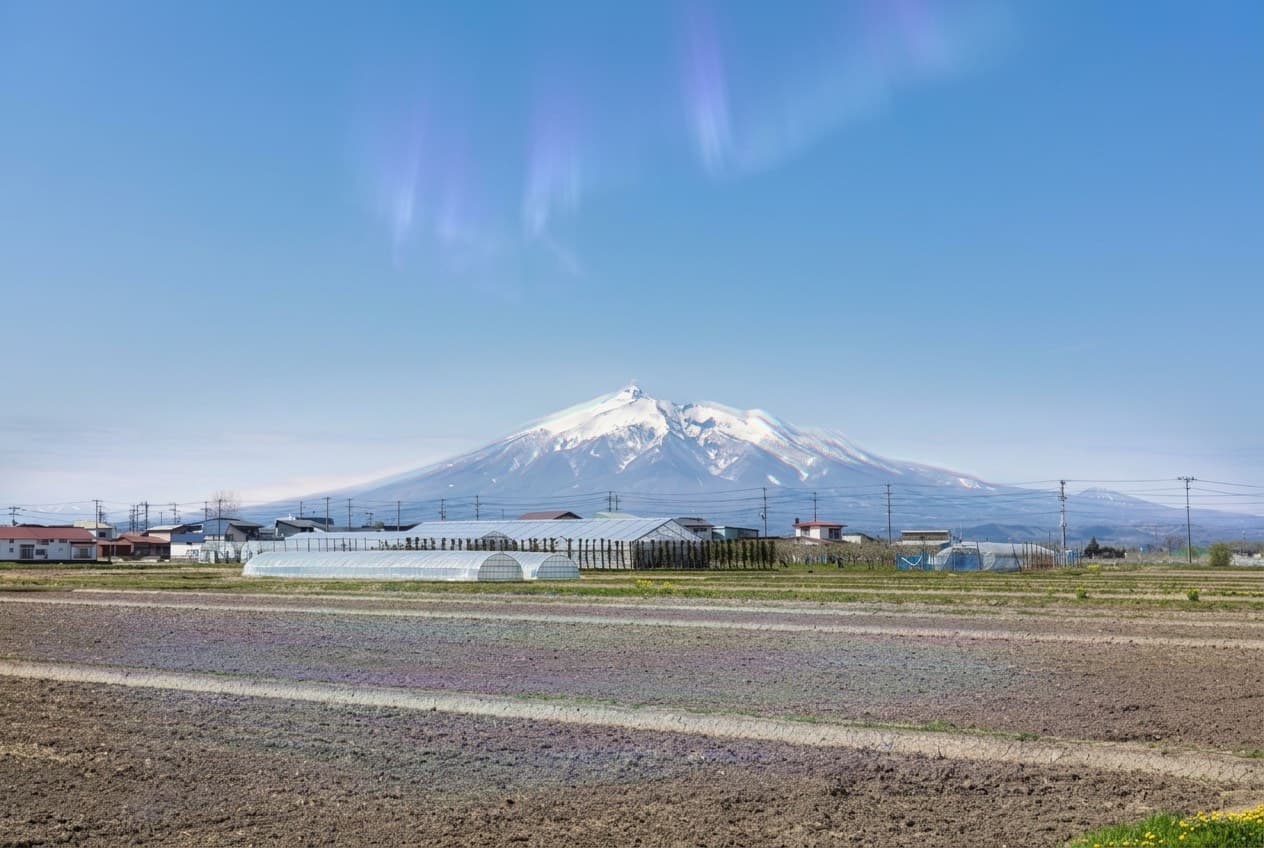 Open fields in Aomori Prefecture with Mt. Iwaki beyond low farm structures