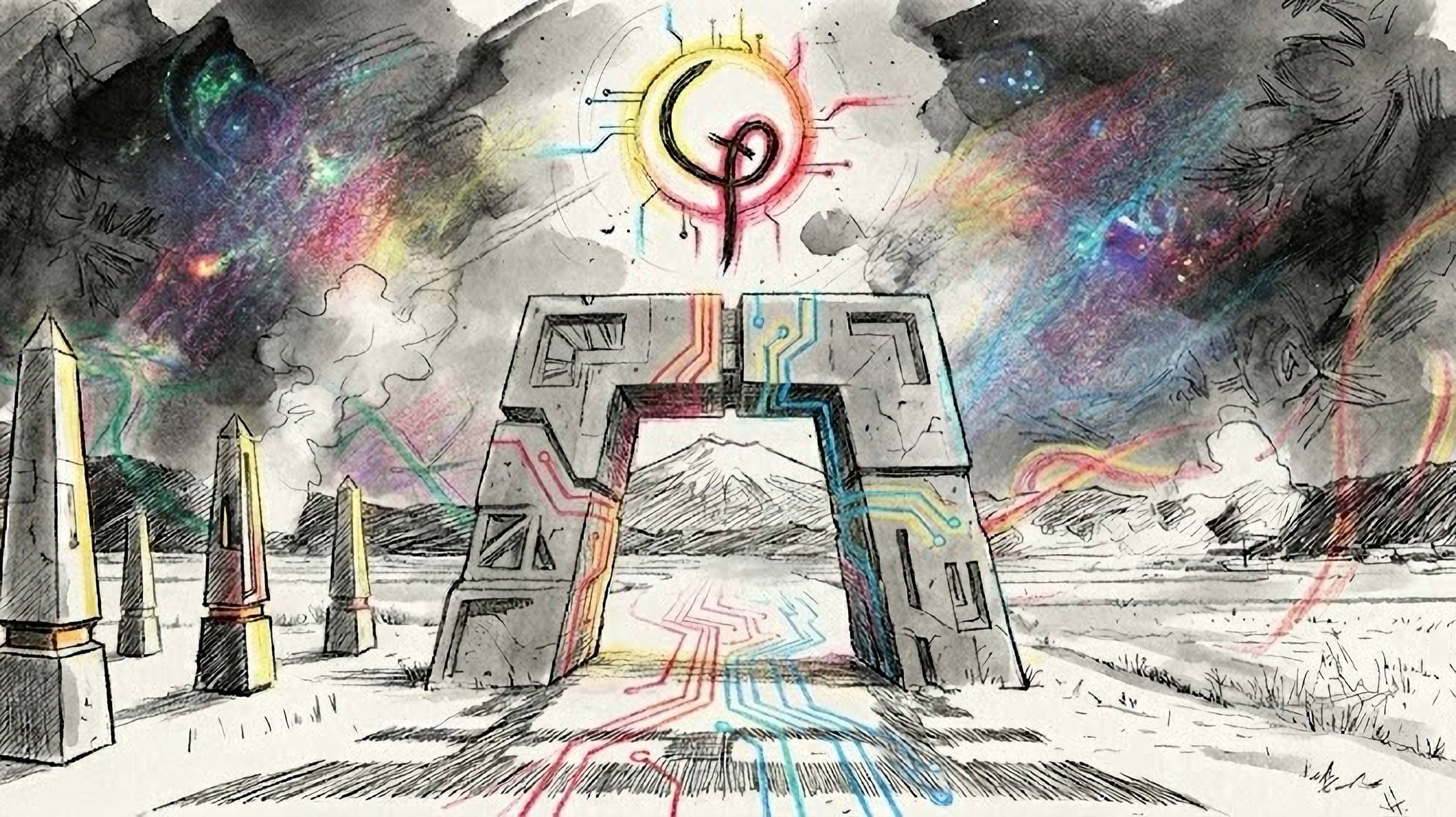 A gateway monument in Shingo Village, Aomori, beneath a charged sky